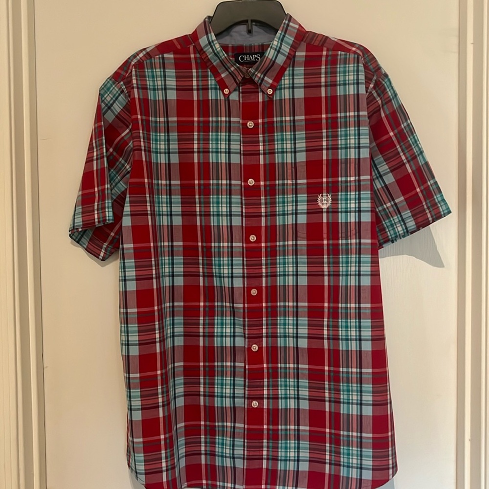 Chaps easy care short sleeve plaid design red/turquoise XL